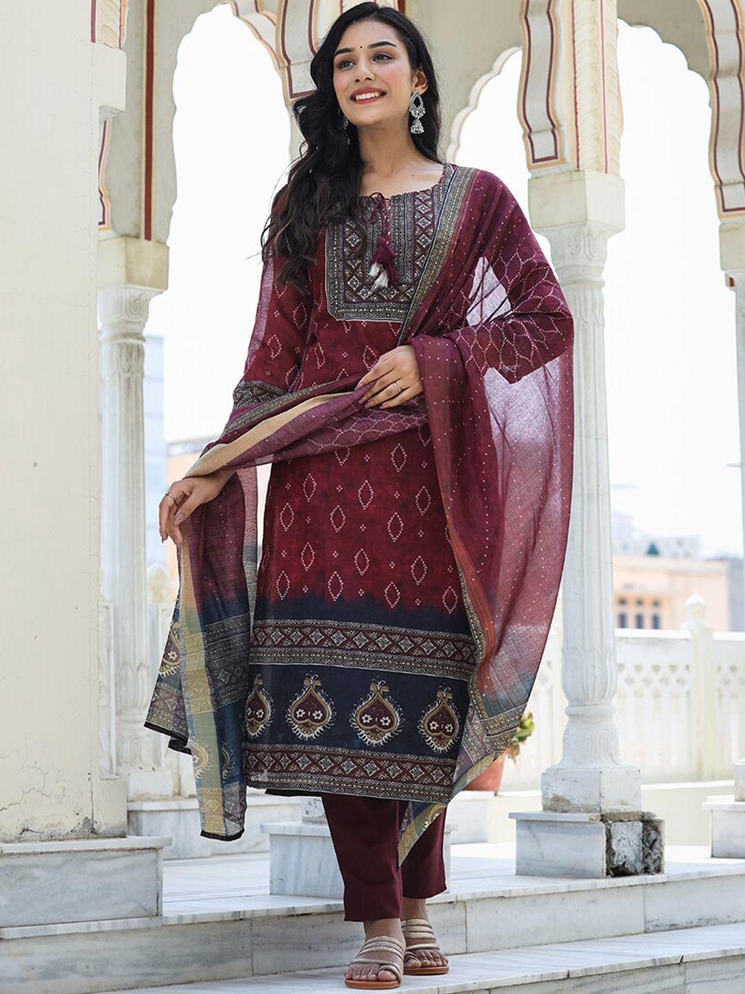 kaajh women maroon bandhani printed chanderi silk kurta with trousers & with dupatta