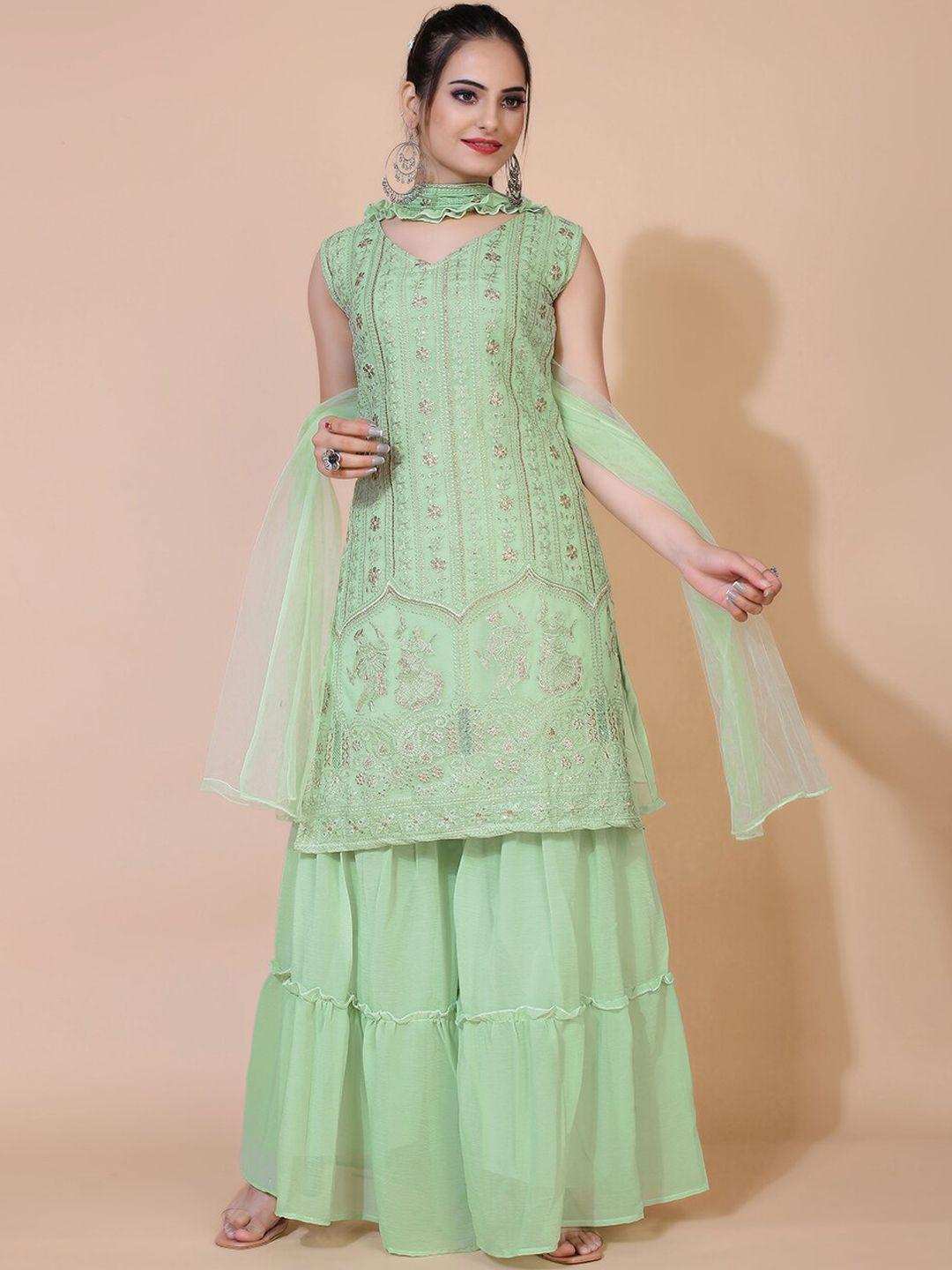 virah fashion women green floral embroidered sequinned silk chiffon kurta with palazzos