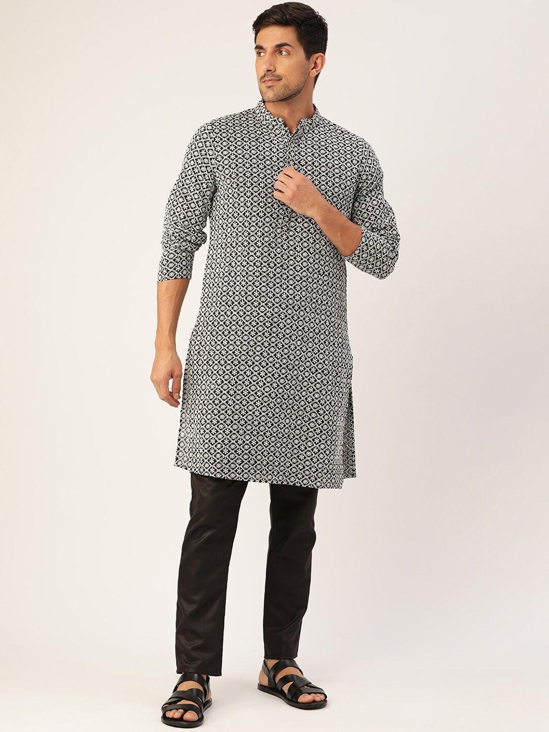 molly & michel men black chikankari embroidered pure cotton kurta