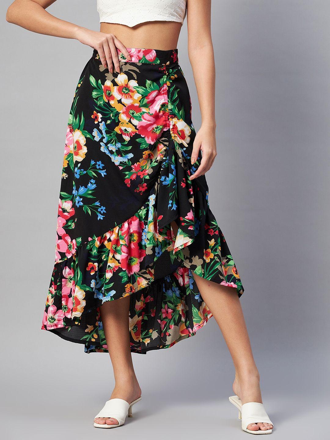 pluss black & pink floral printed maxi flared skirt