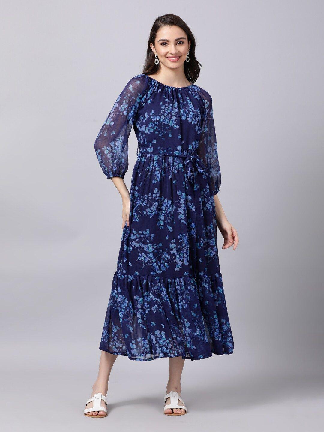 souchii navy blue floral layered chiffon a-line midi dress