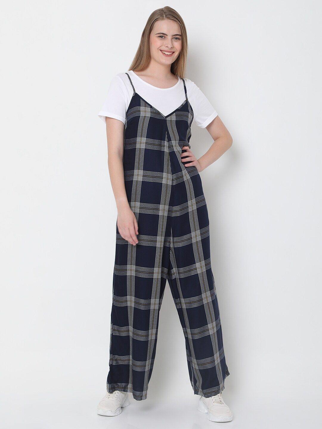 vero moda blue & white checked basic jumpsuit