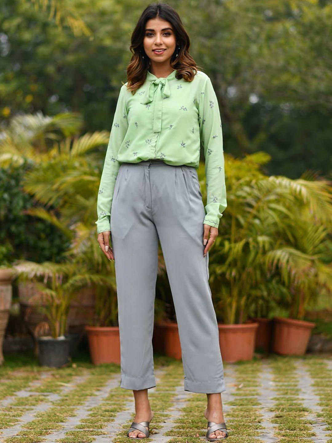 mulmul.com women green & grey embroidered co-ords