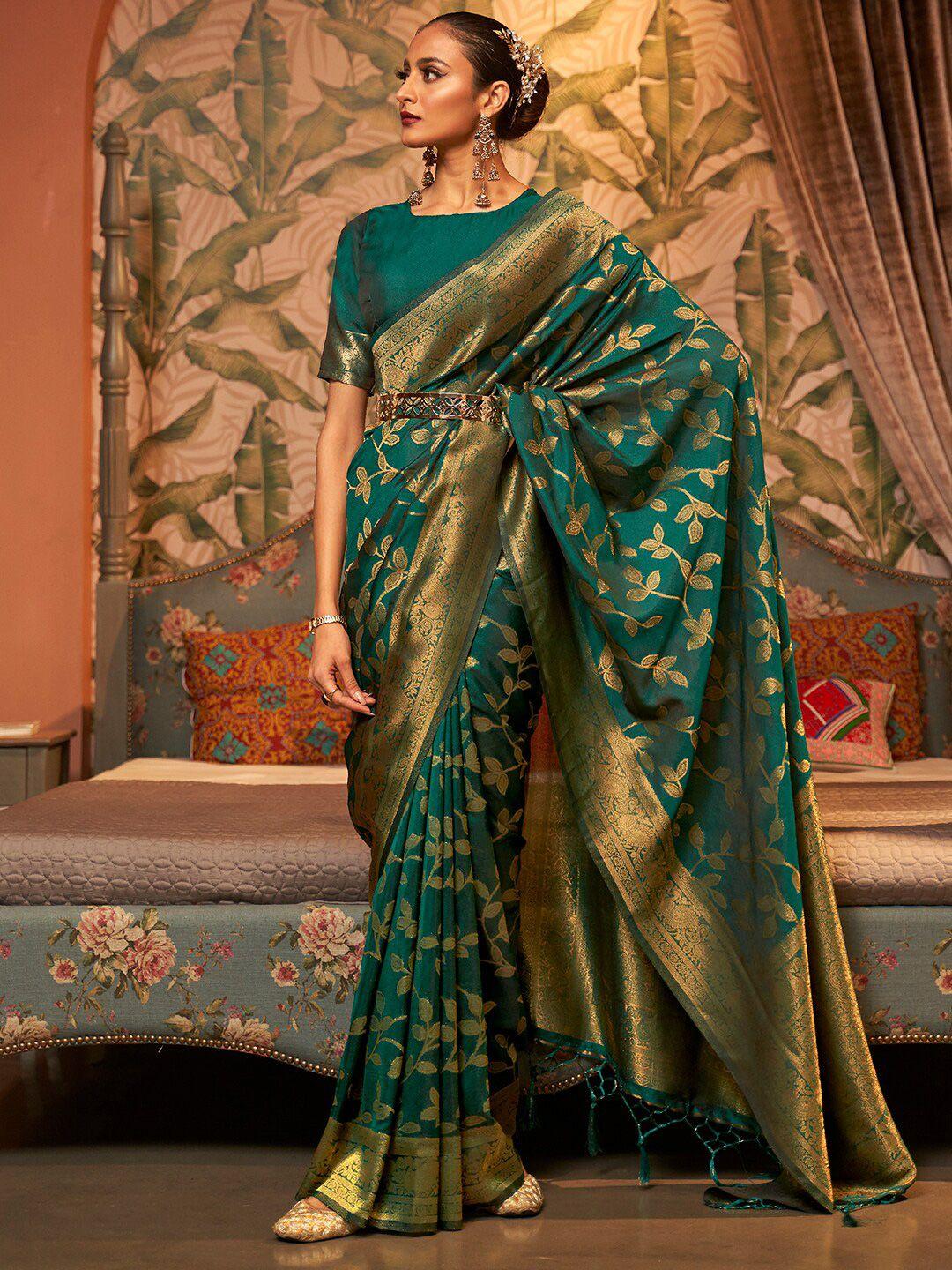 mitera women teal & gold-toned ethnic motifs zari silk blend kanjeevaram saree