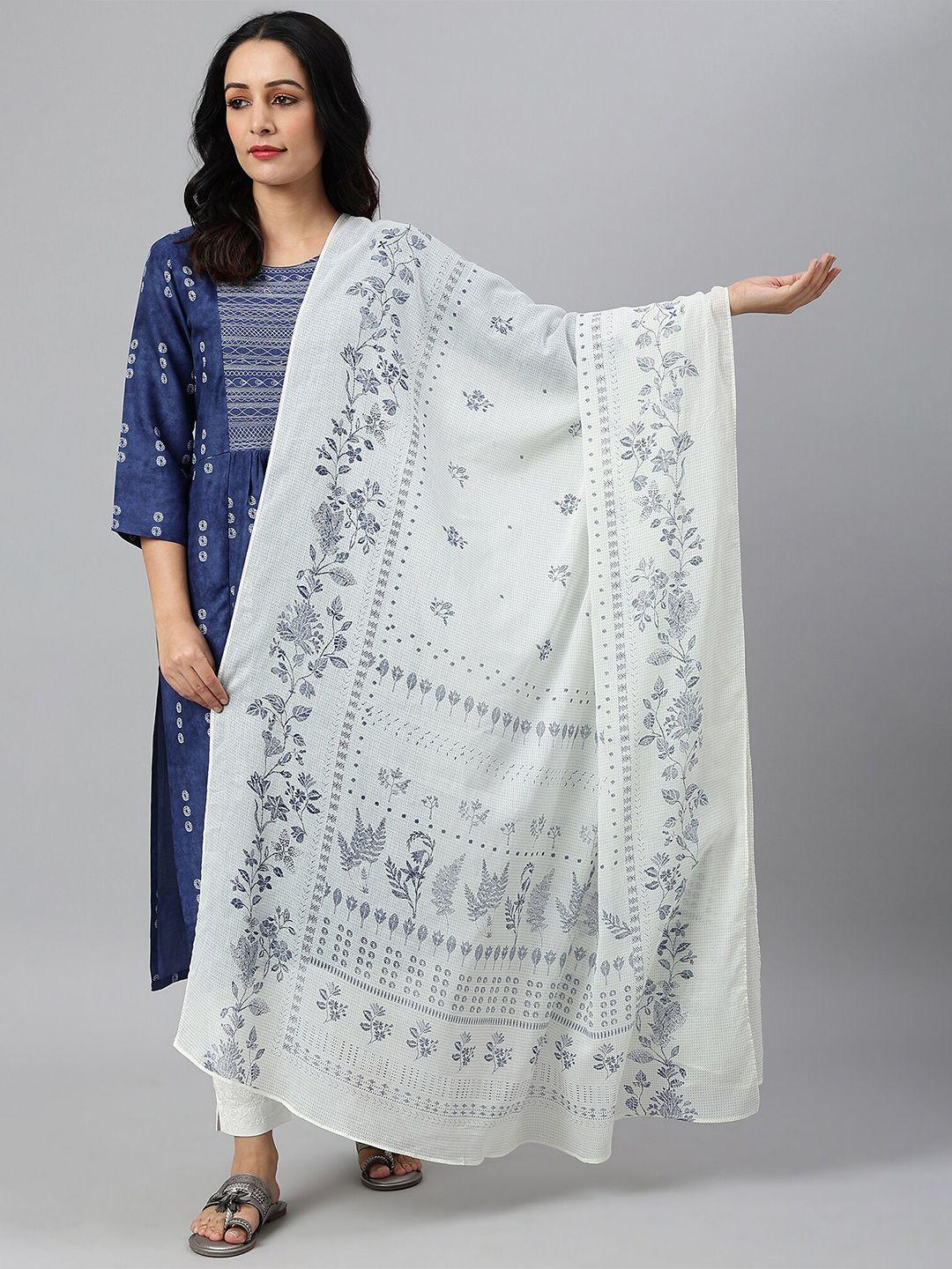 w white & blue embroidered dupatta