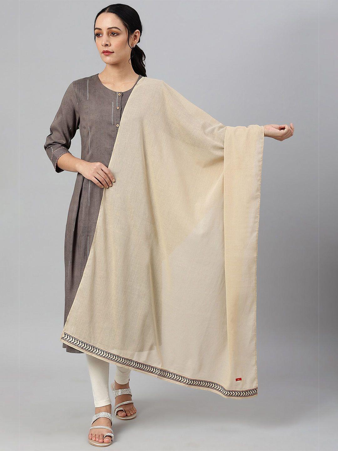 w women beige embroidered cotton voile dupatta