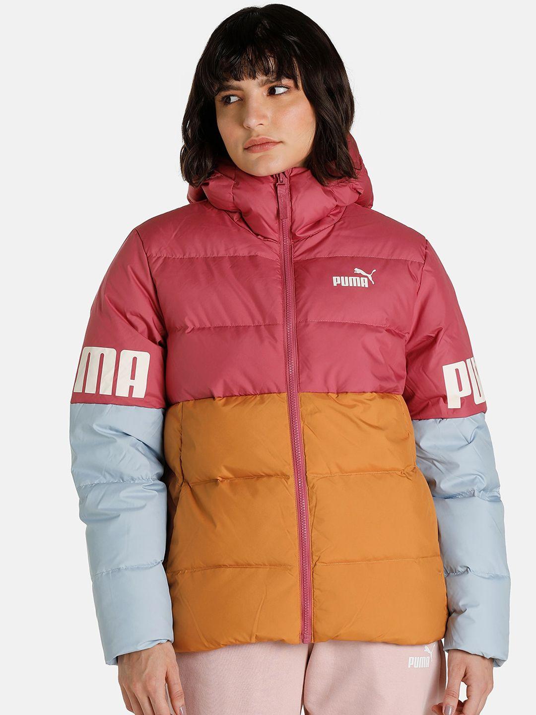 puma women yellow & rust power down striped puffer jacket