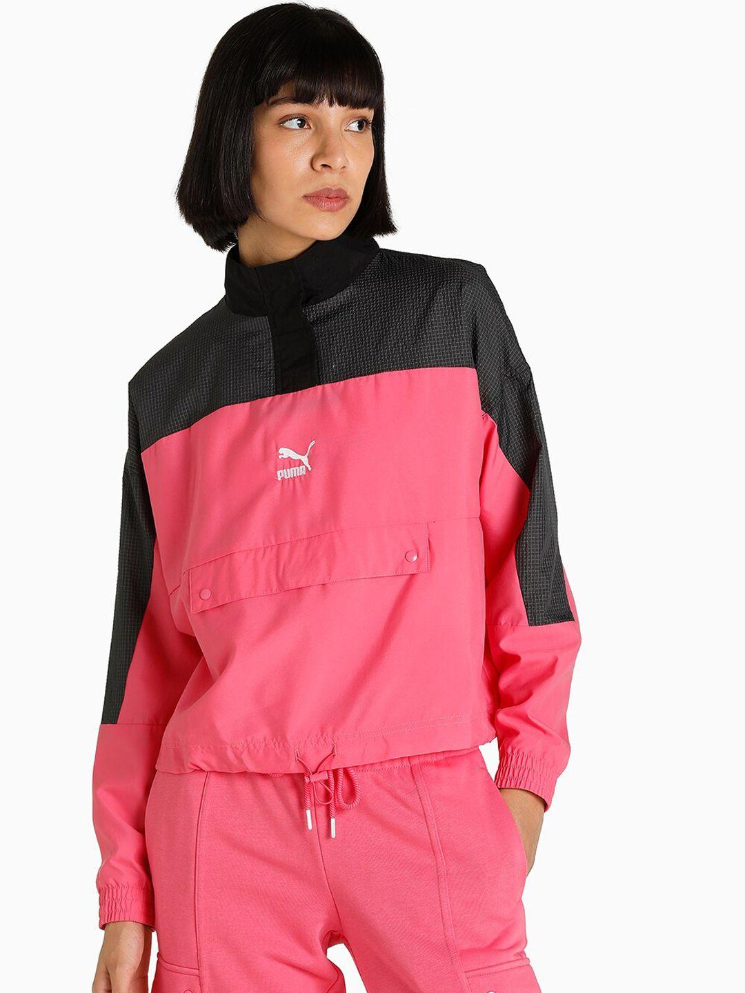 puma women pink & black swxp half zip woven jacket