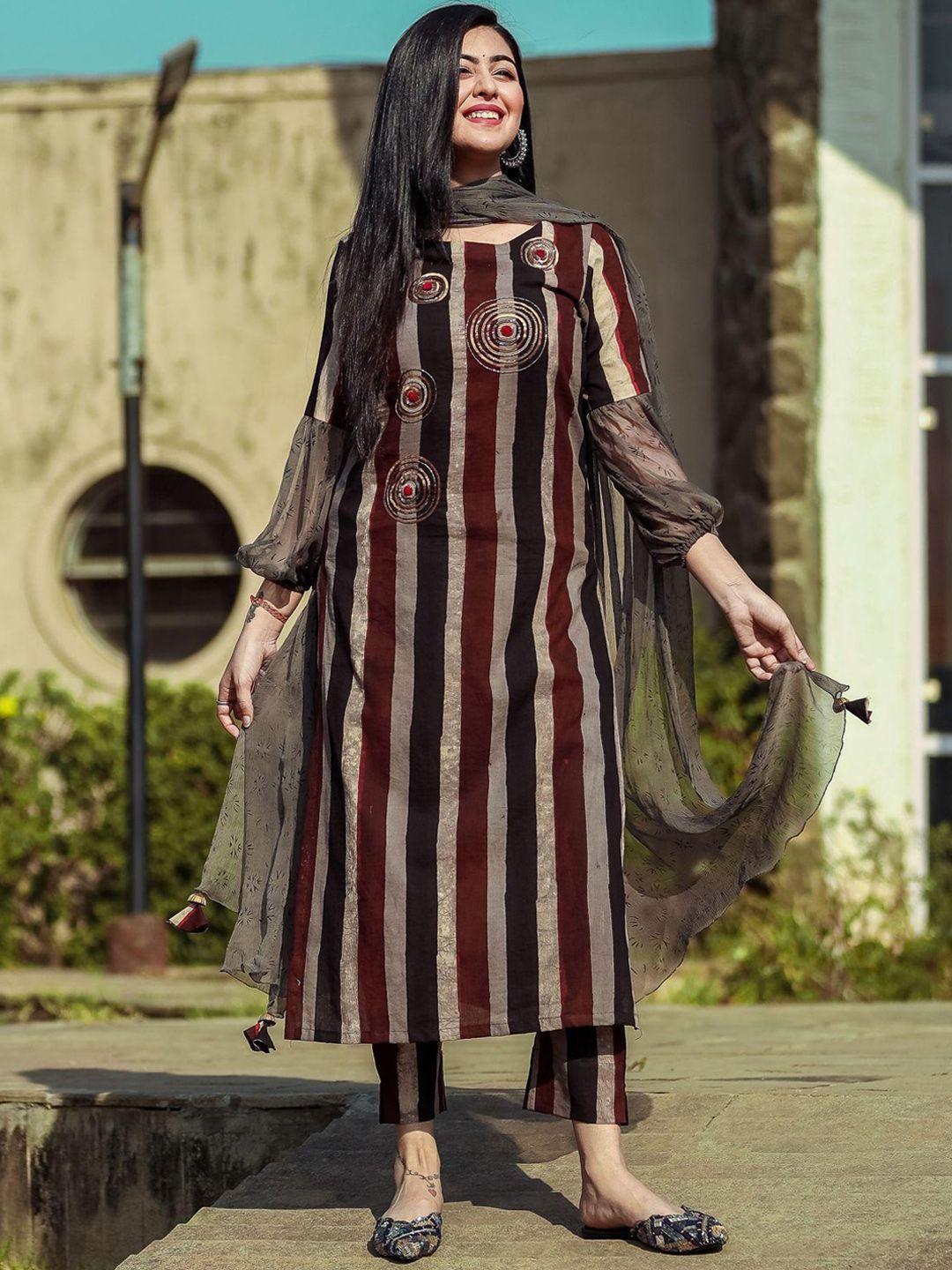 ambraee women brown striped kurta with trousers & with dupatta