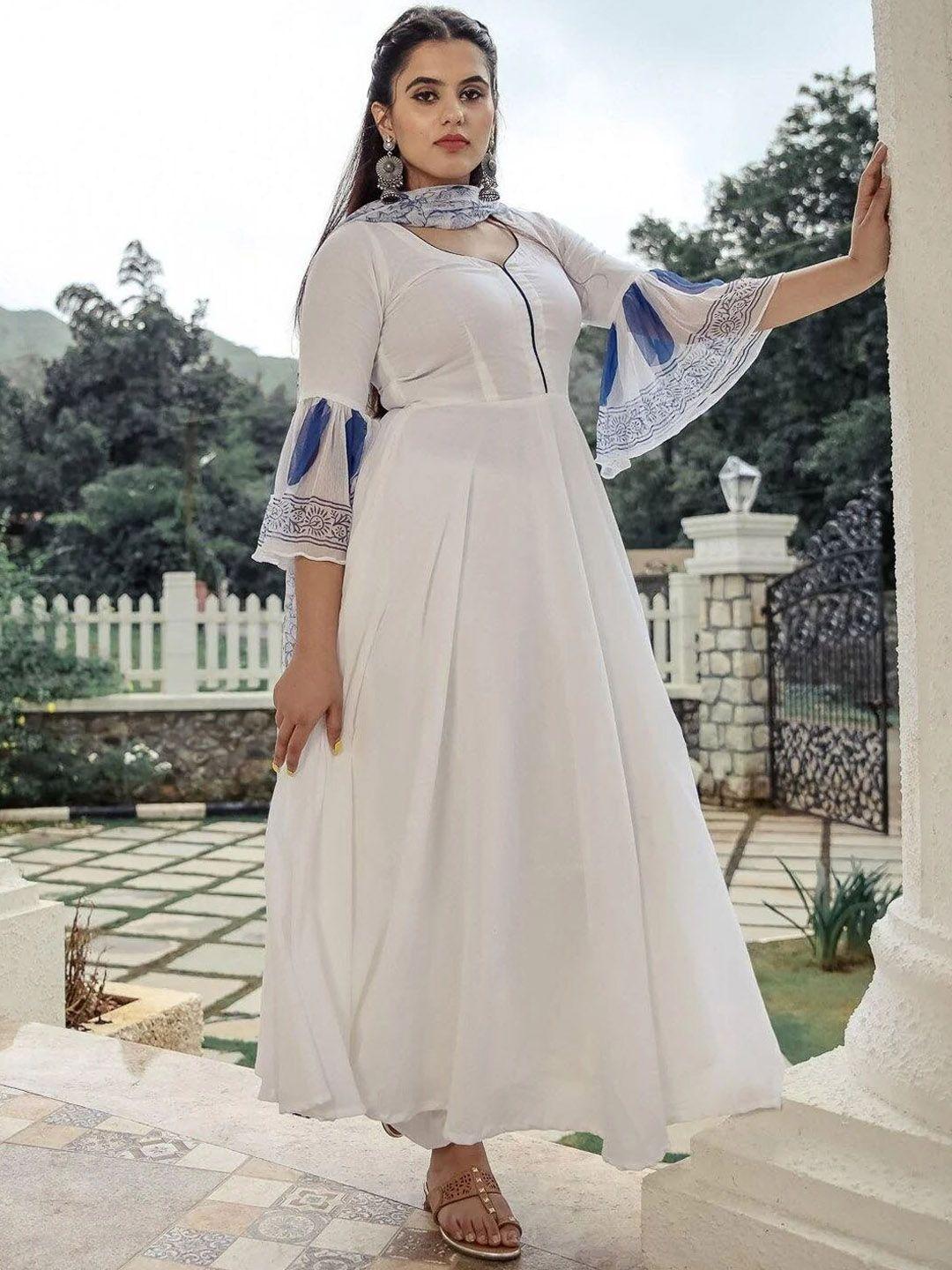 ambraee women white ethnic motifs kurta with churidar & with dupatta