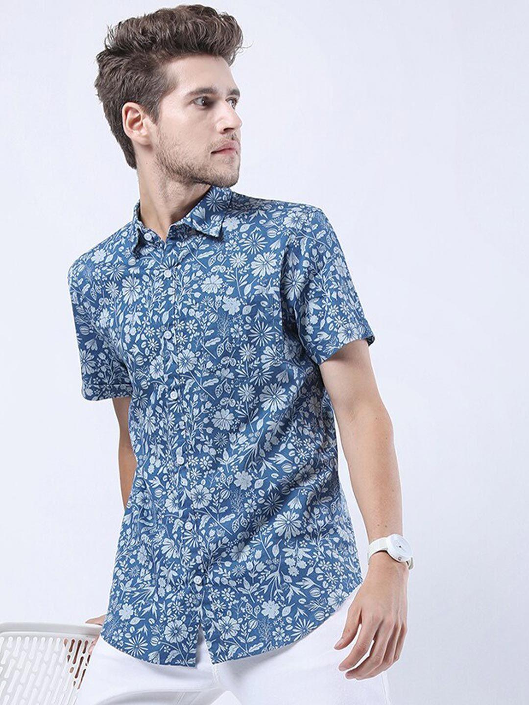 highlander men blue slim fit floral printed casual shirt