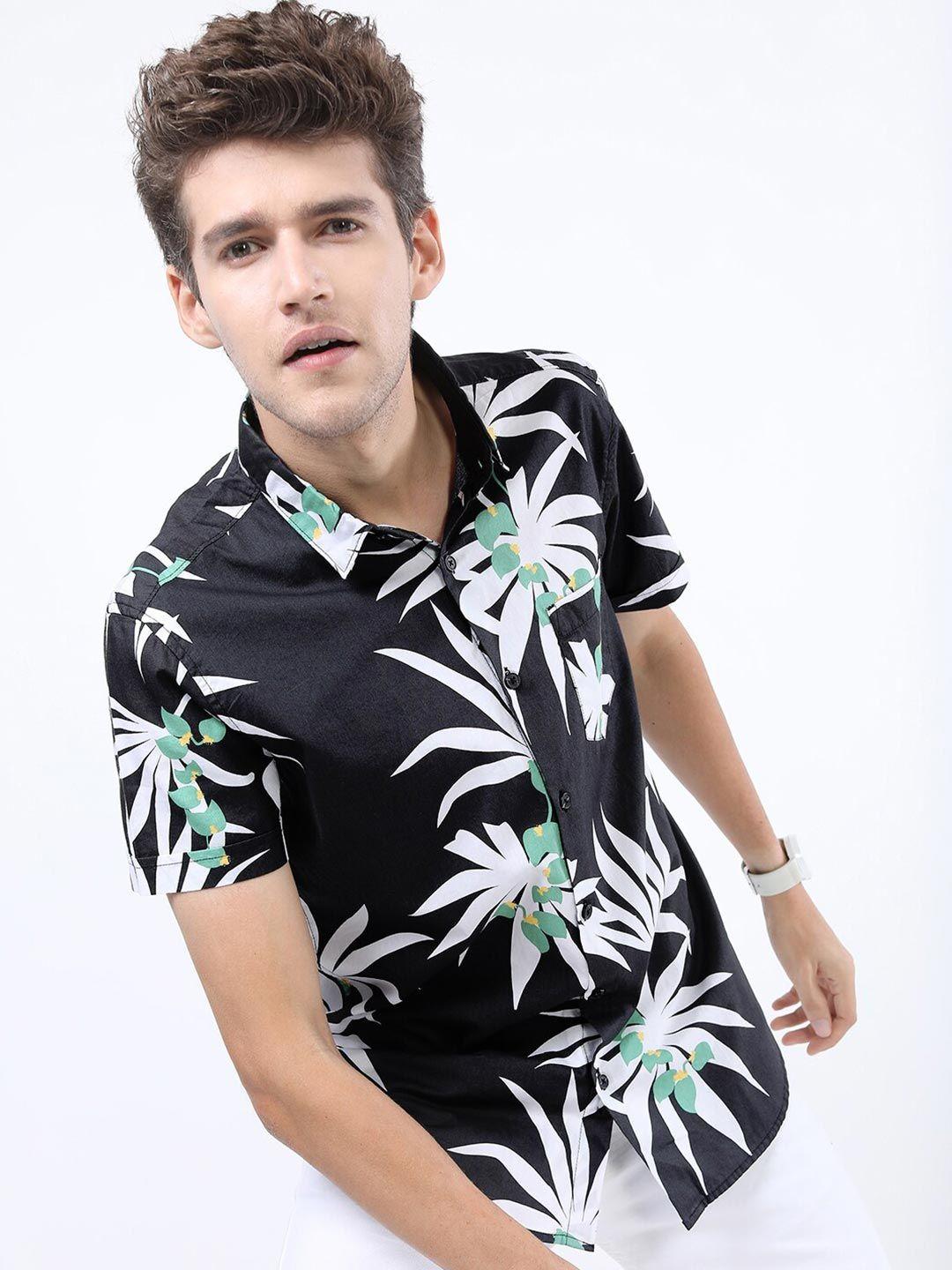 highlander men black slim fit floral printed casual shirt