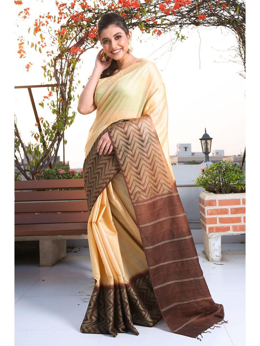 charukriti cream-coloured & brown woven design silk blend saree