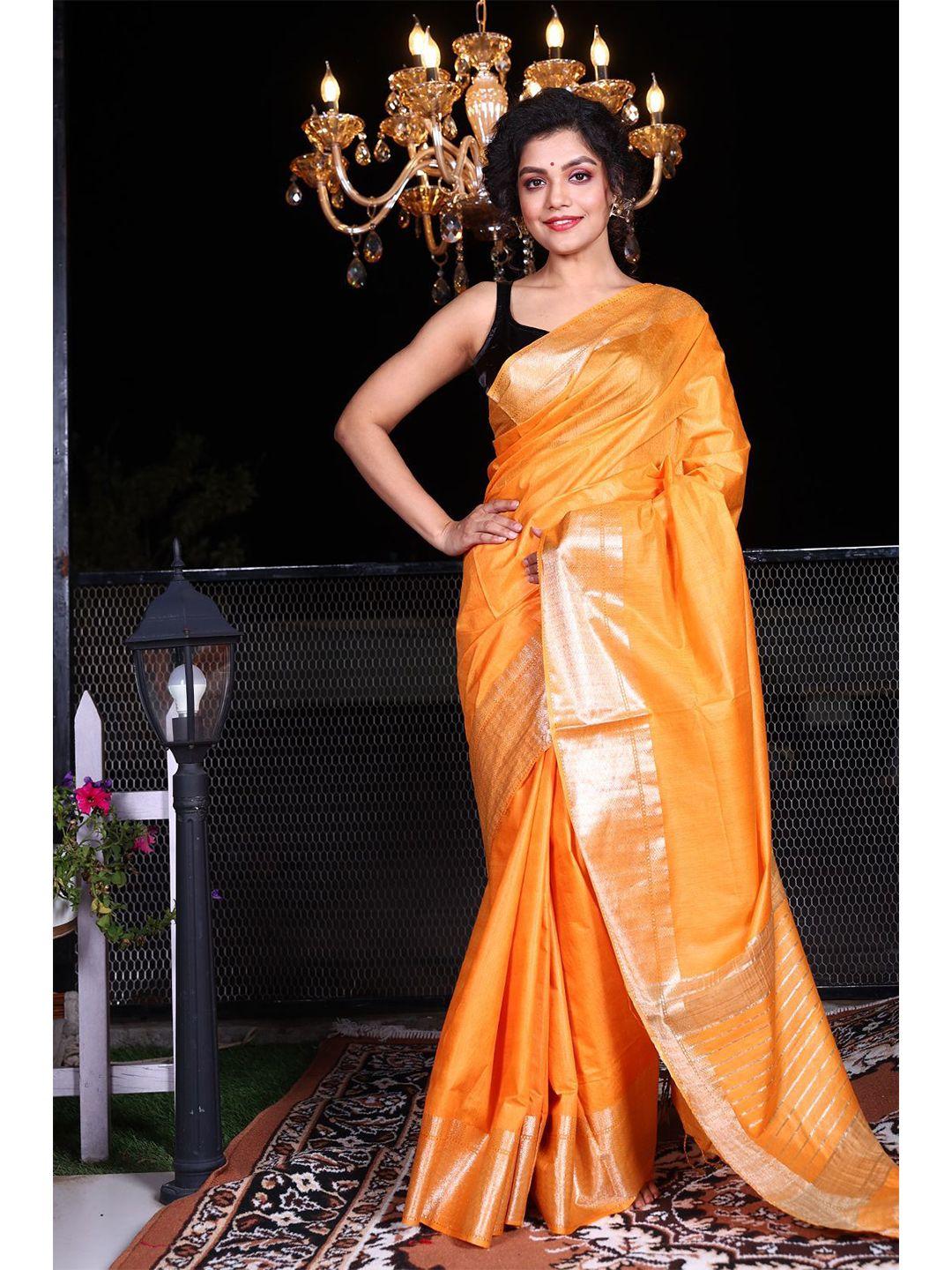 charukriti mustard & gold-toned woven design zari saree