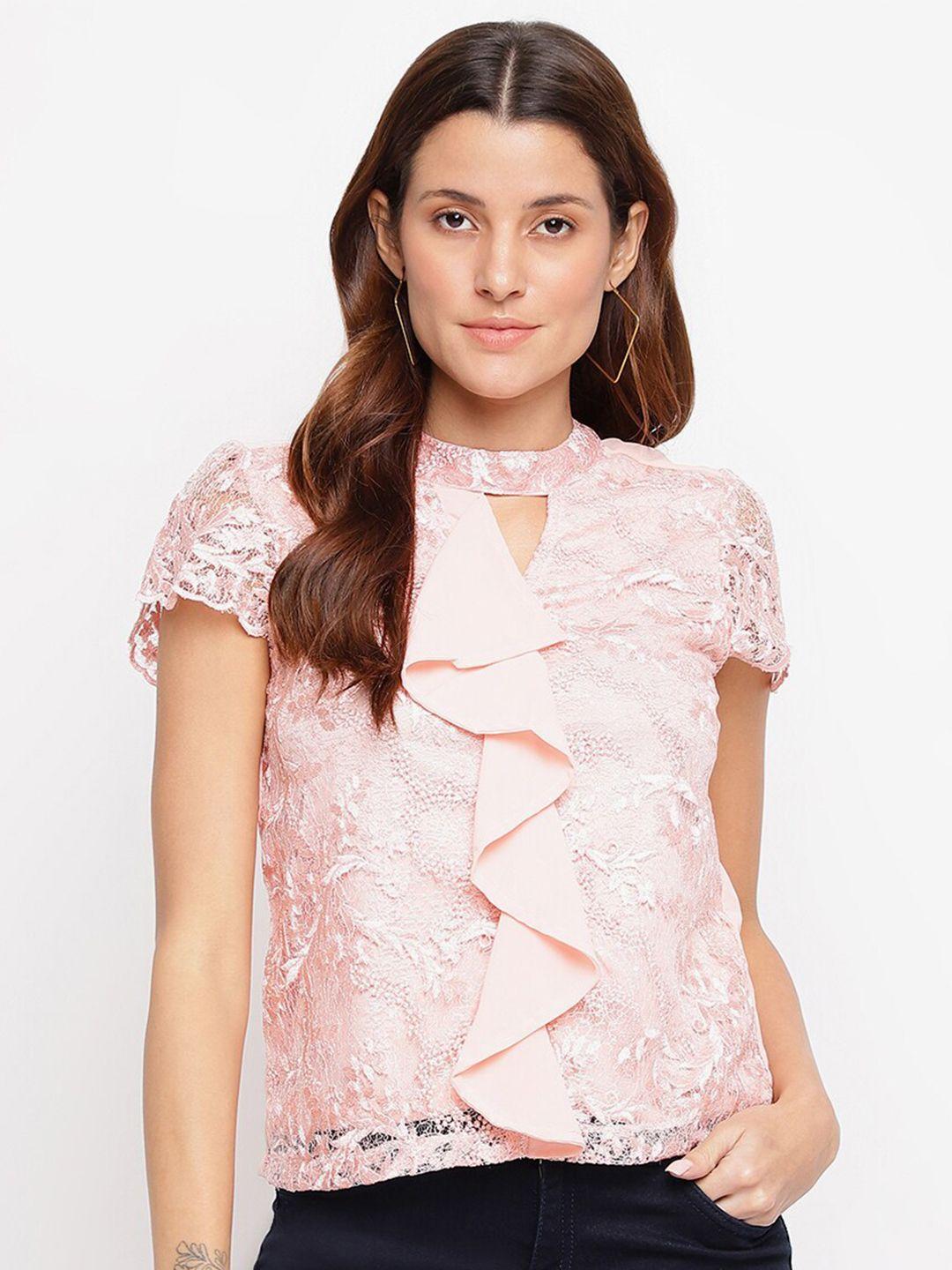 latin quarters women pink lace top with ruffles keyhole neck top