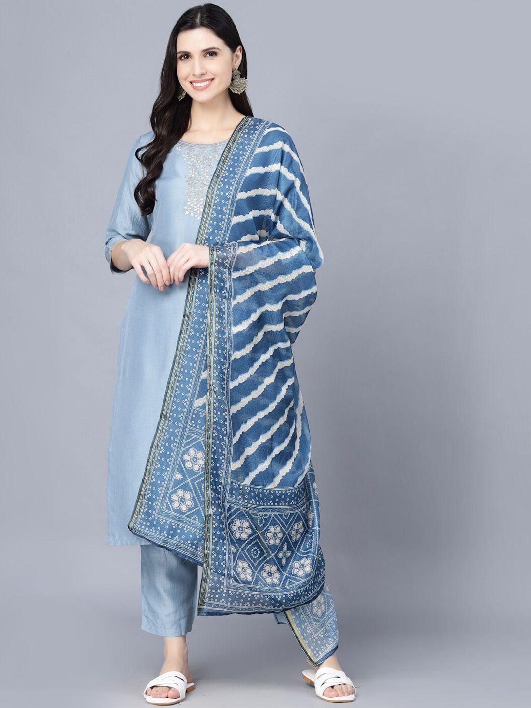 myshka women blue floral thread work kurta with trousers & with dupatta