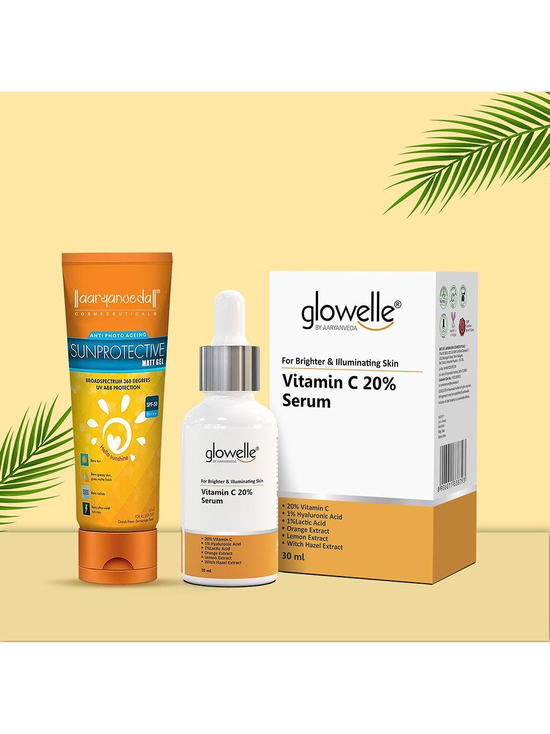 aryanveda sunscreen spf 50 pa+++ with glowelle vitamin c face serum for illuminated skin 90g each