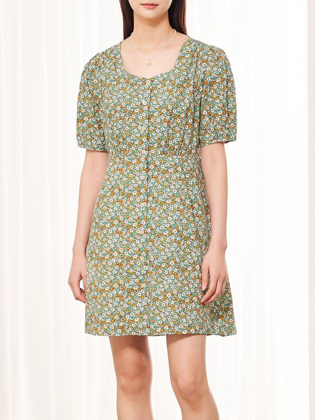 8seconds green & white floral print pure cotton a-line dress