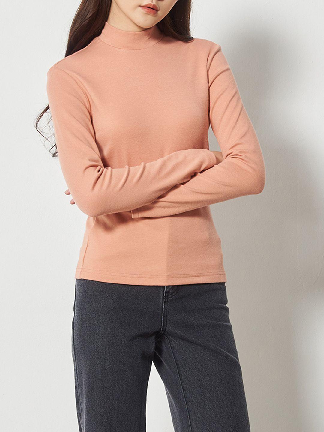 8seconds women peach-coloured solid high neck t-shirt