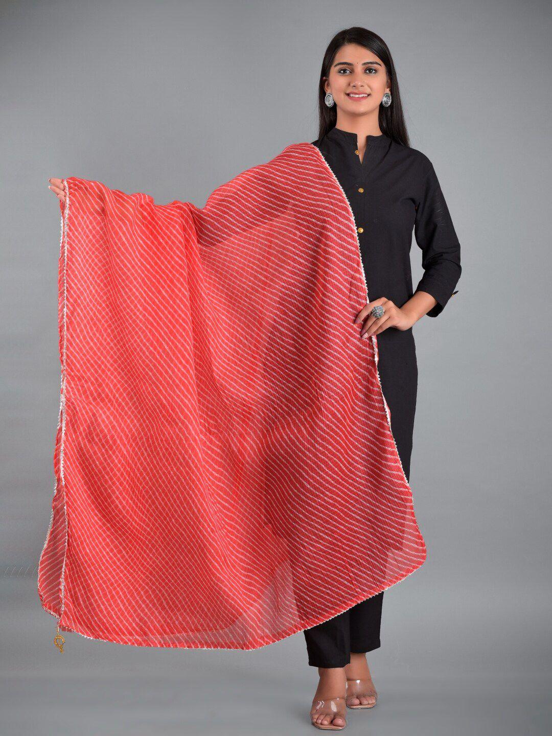 apratim women red & white cotton blend leheriya dupatta