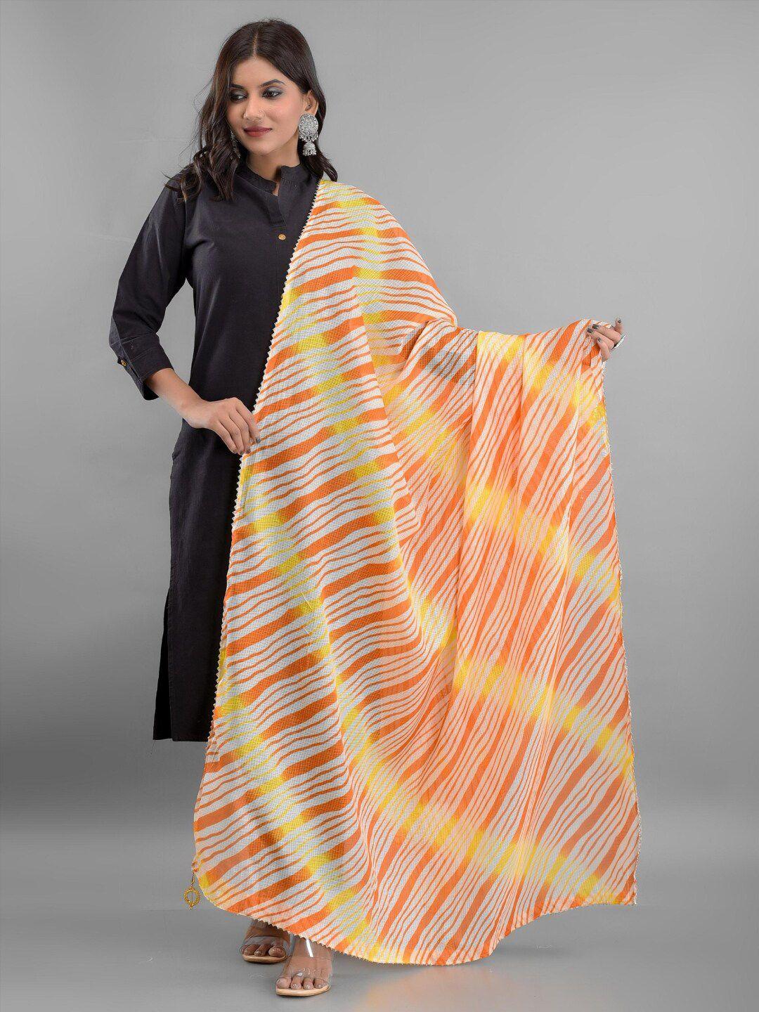 apratim women white & orange striped leheriya dupatta