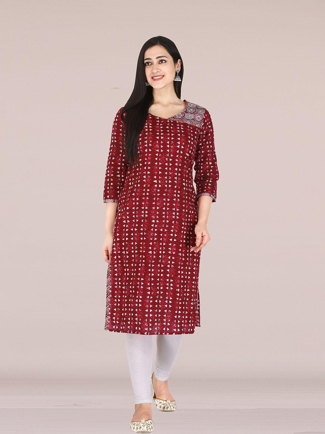 kannahi women red & white ethnic motifs printed cotton kurta