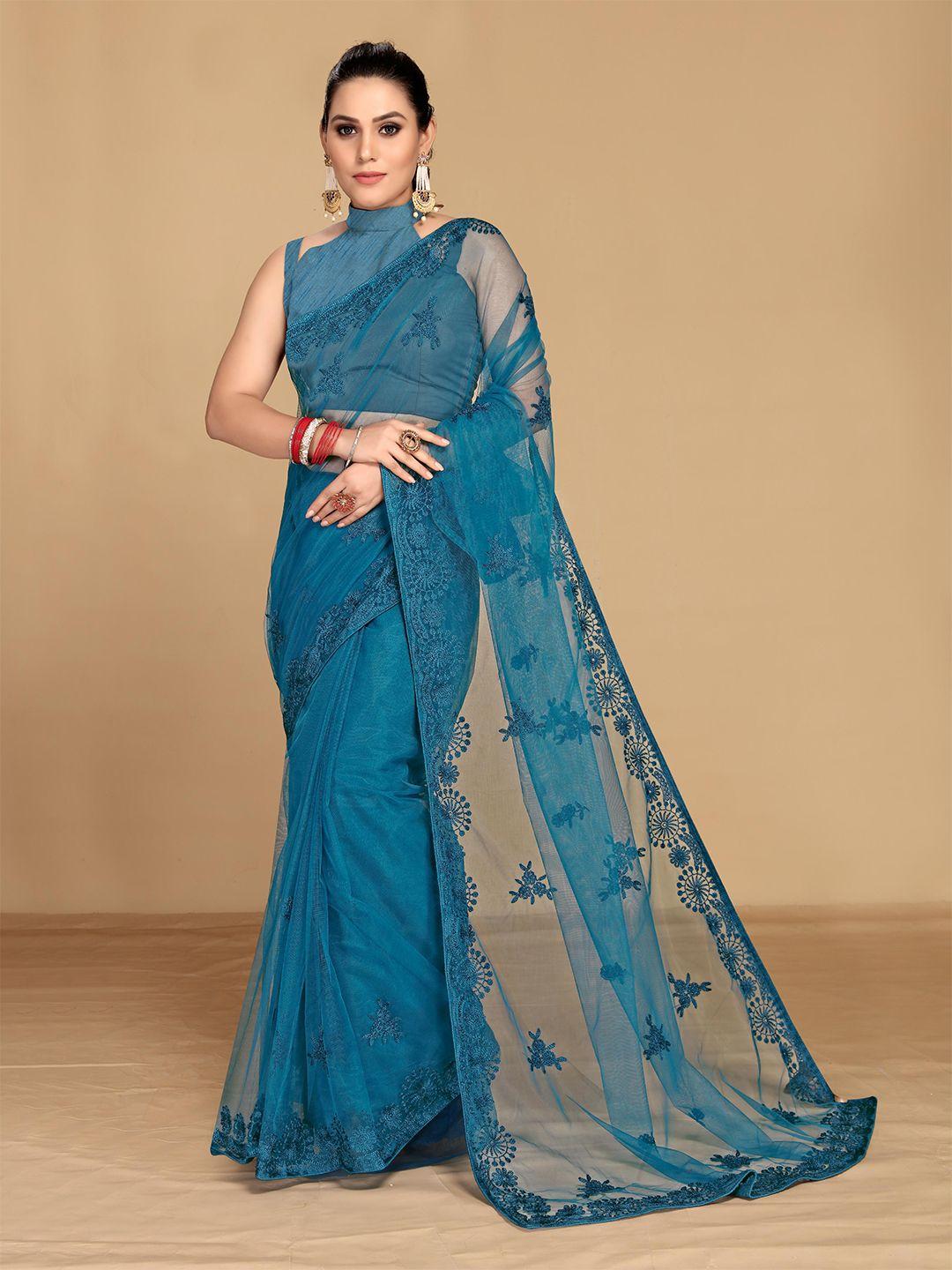 vairagee teal ethnic motifs embroidered net saree