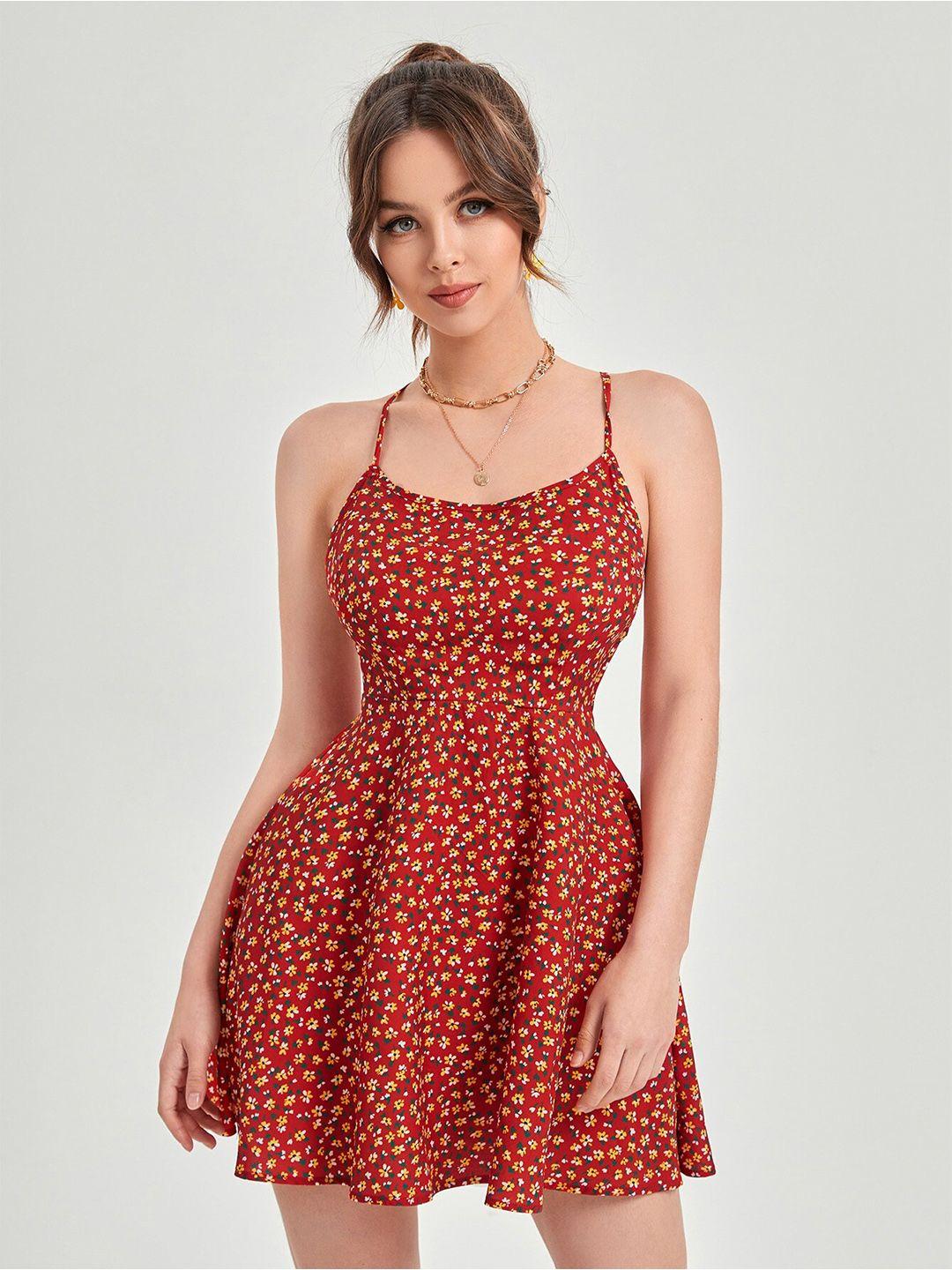 aahwan red floral mini dress