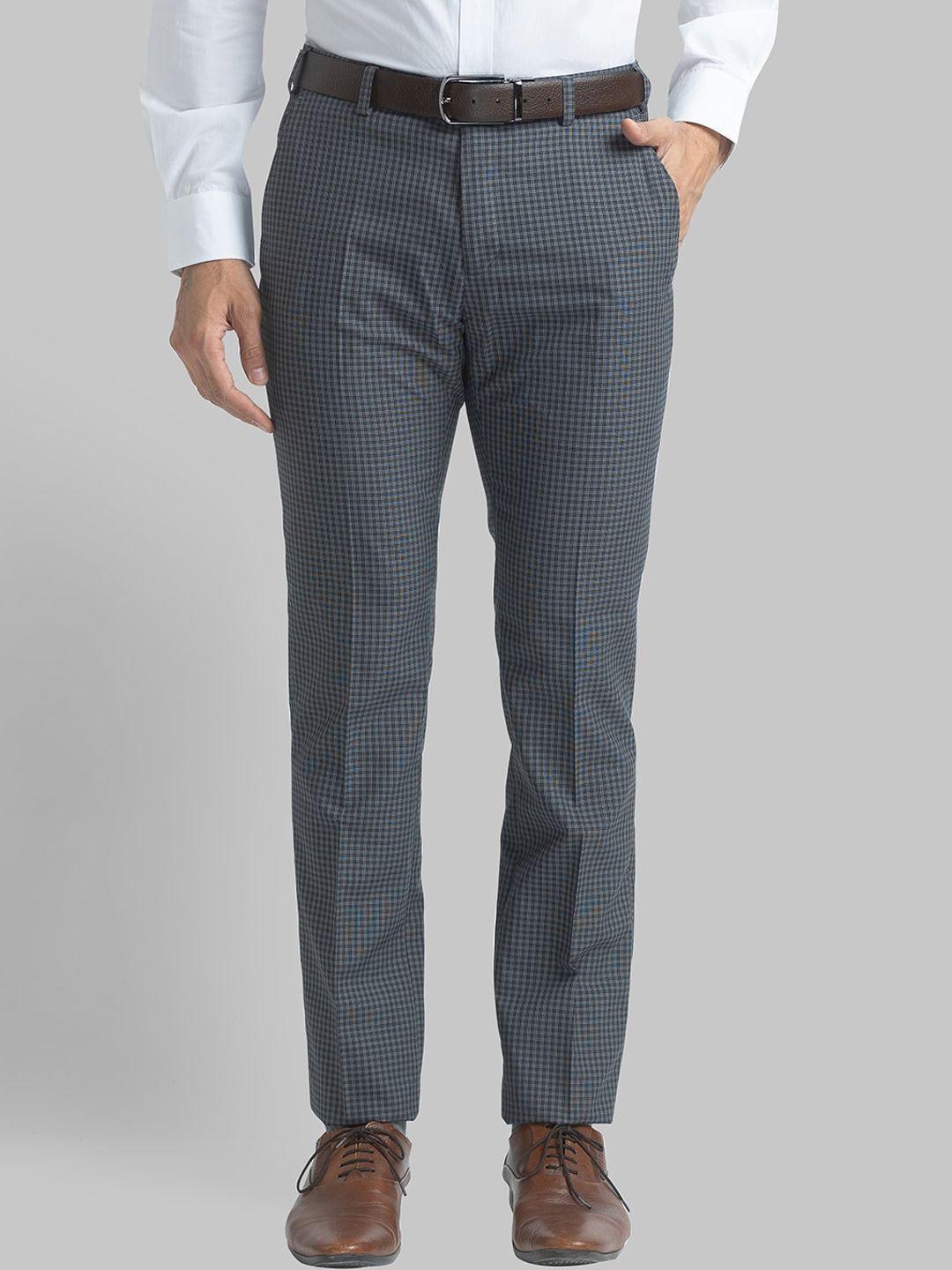 raymond men grey checked slim-fit trousers