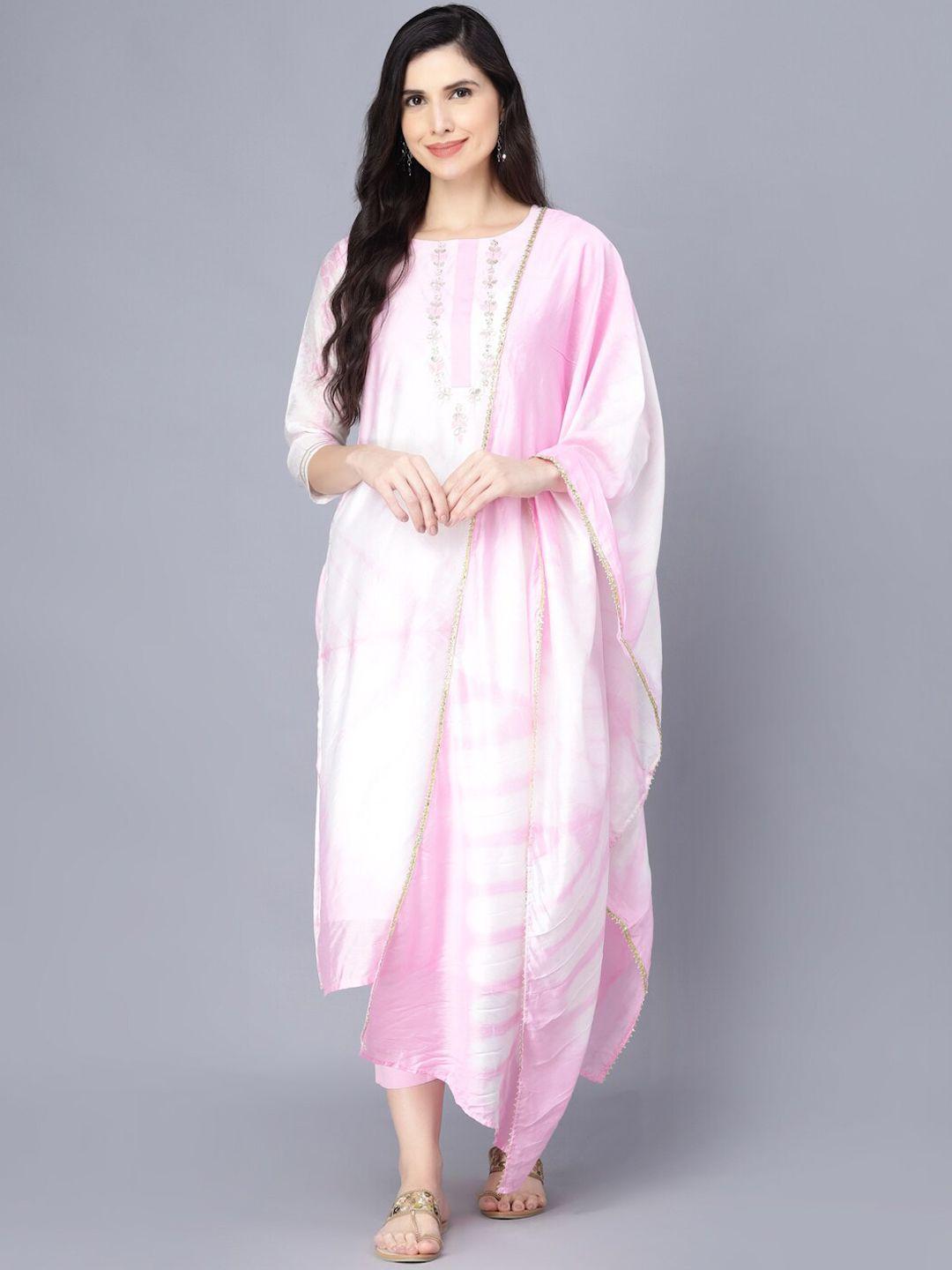 myshka women pink floral yoke design kurta with trousers & with dupatta