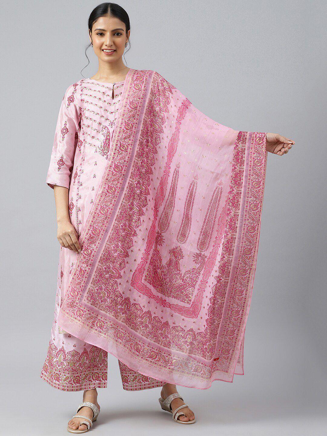 w pink & gold-toned printed dupatta