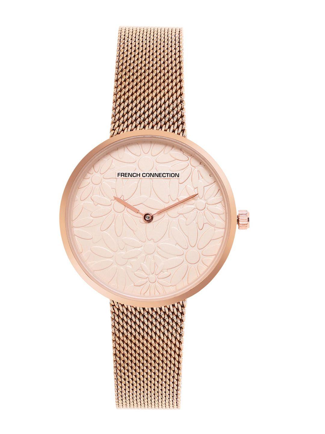 french connection women peach-coloured patterned dial & rose gold toned stainless steel bracelet style watch