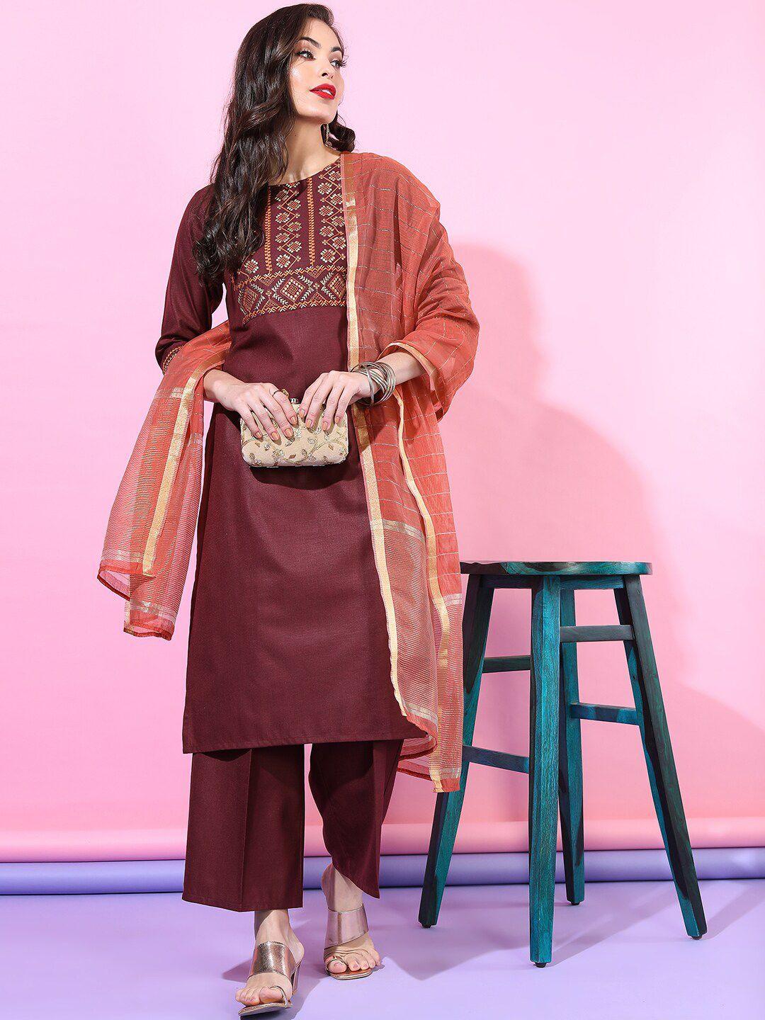 vishudh women burgundy straight kurta with cropped palazzo  and dupatta