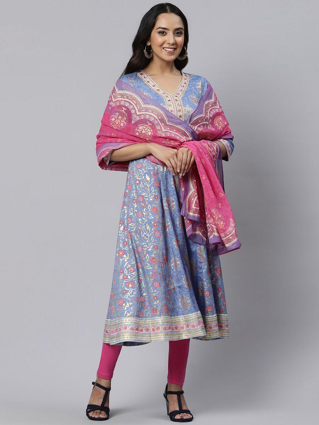 aurelia women blue floral printed kurta with trousers & with dupatta