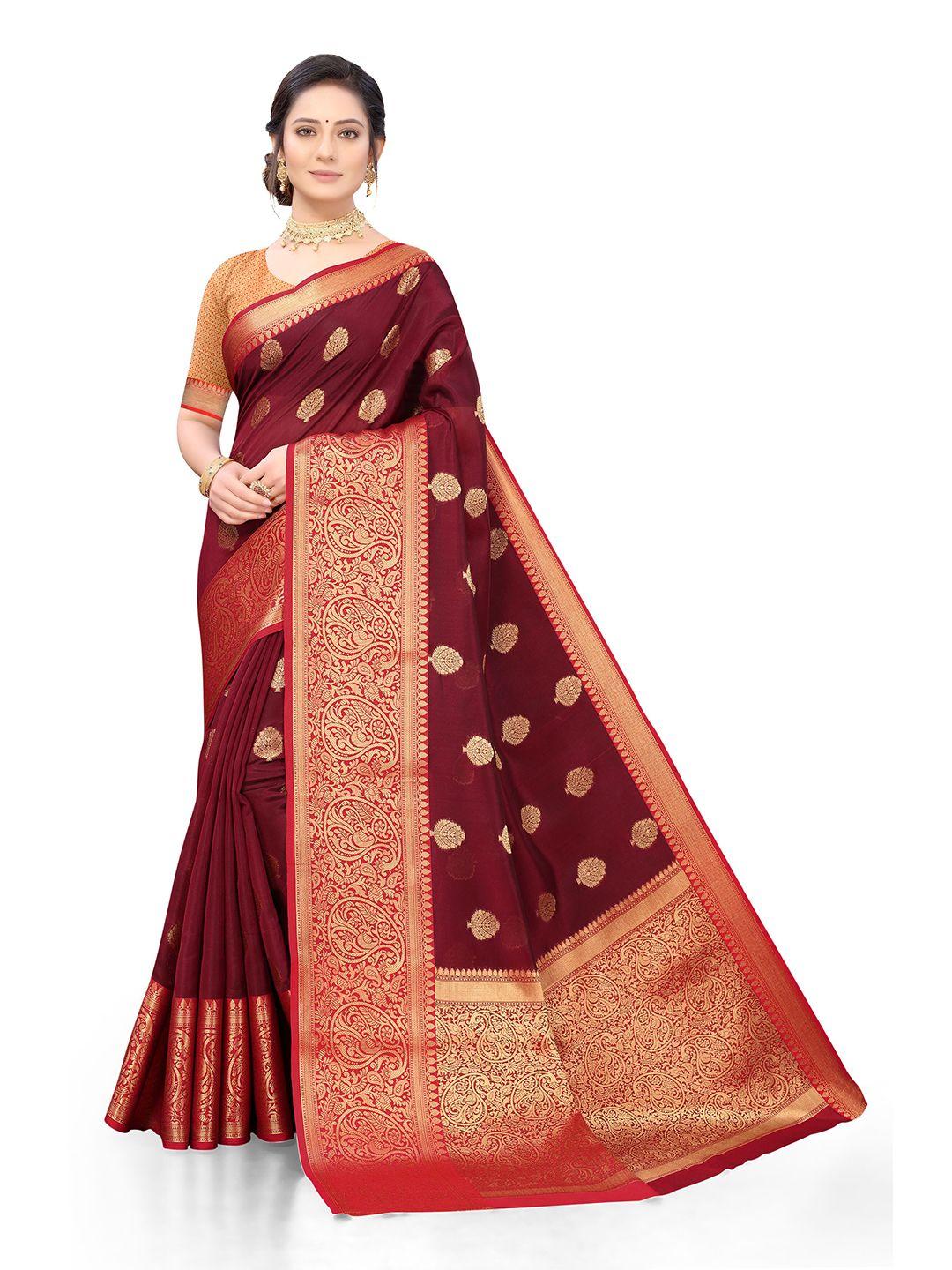 nimayaa maroon & red woven design zari organza banarasi saree