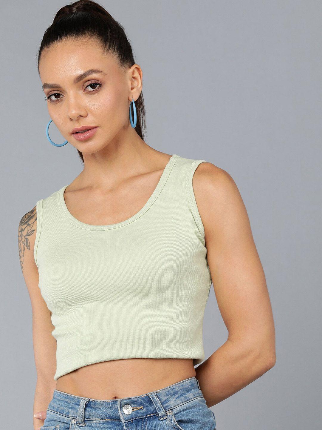 rock paper scissors women green ribbed crop tank top