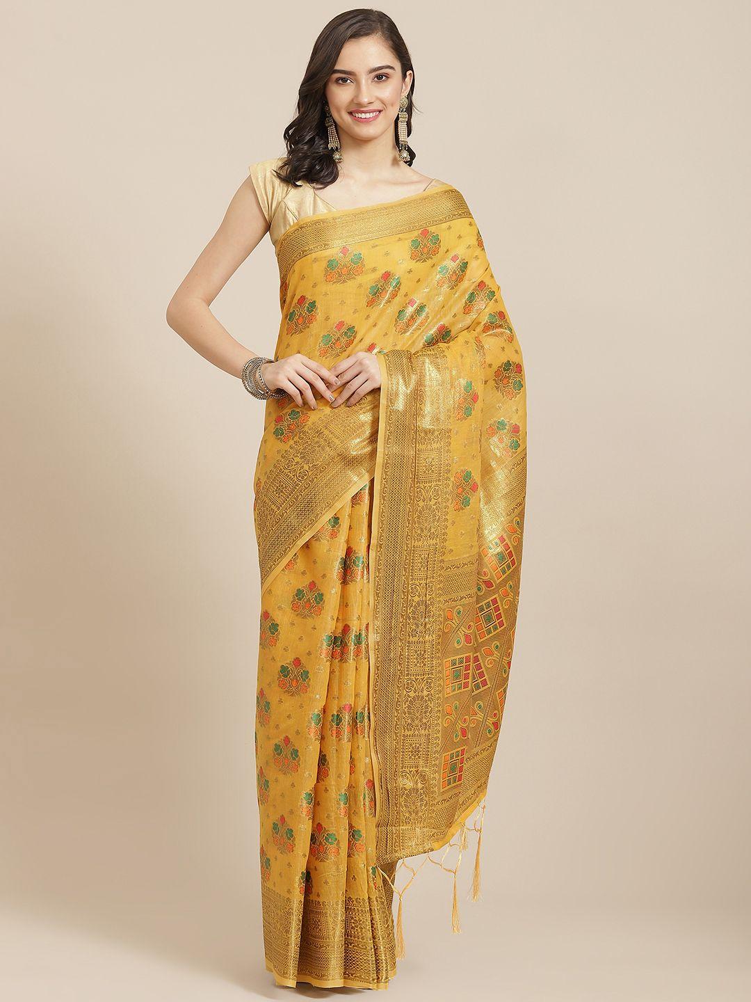 divine international trading co yellow & gold-toned ethnic motifs zari pure cotton chanderi saree