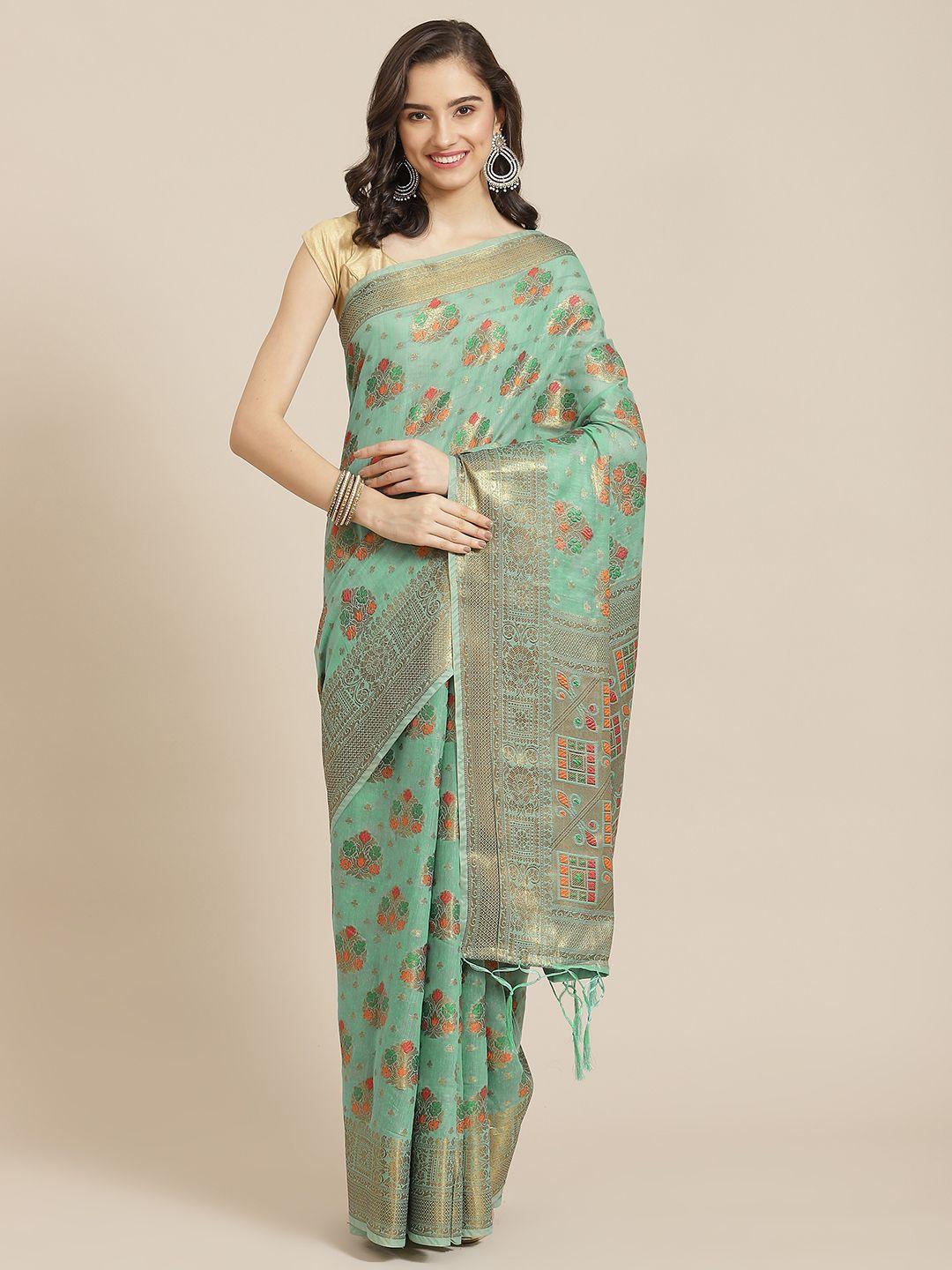 divine international trading co turquoise blue & gold-toned ethnic motifs zari pure cotton chanderi saree