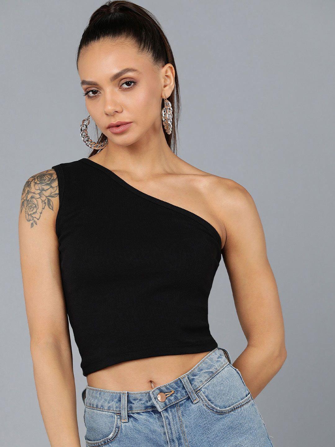 rock paper scissors women black solid one shoulder crop top