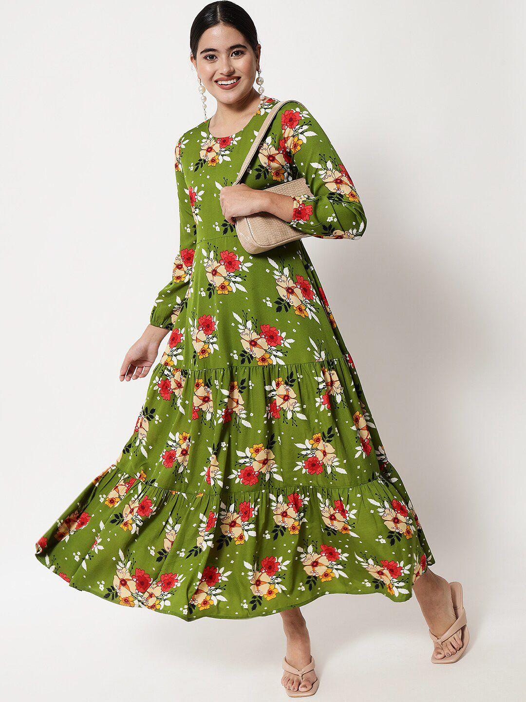 yaadleen olive green floral crepe maxi dress