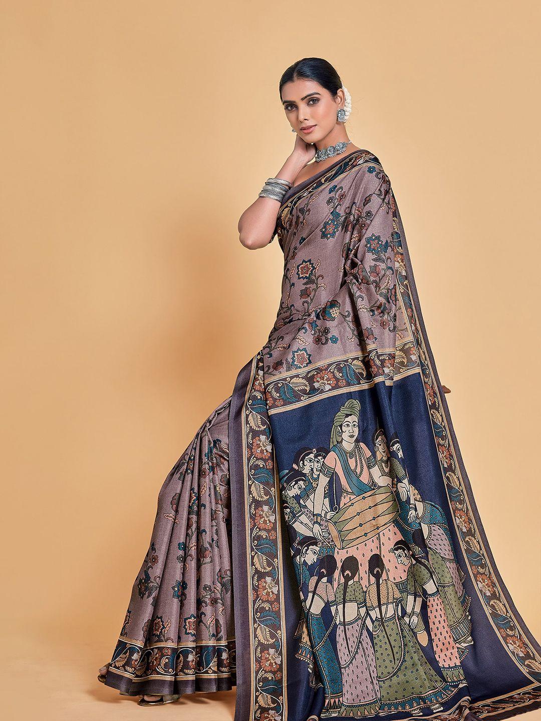 sangria women mauve & orange floral silk blend saree