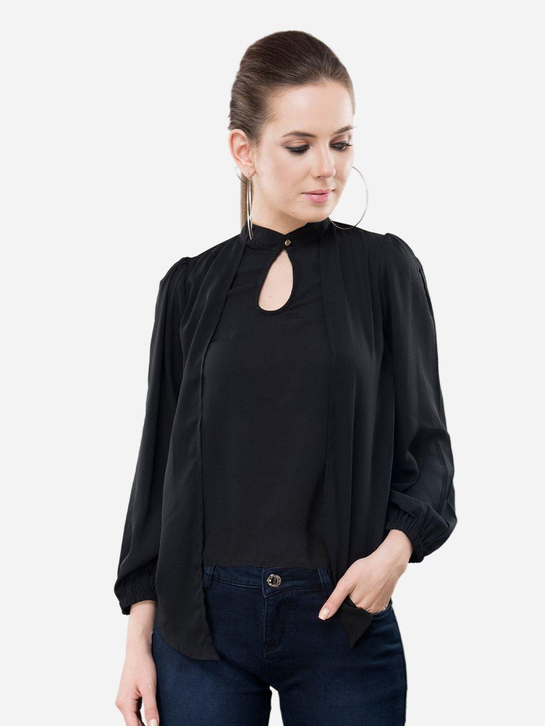 v&m black solid keyhole neck georgette top