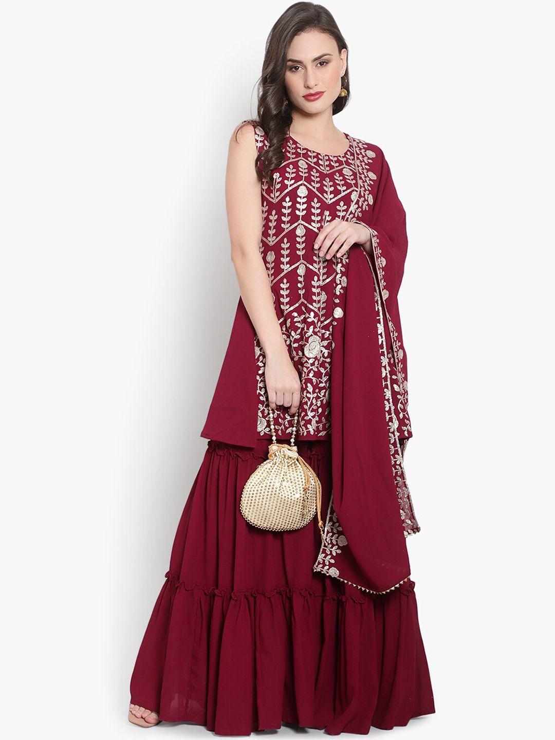 heemara women maroon ethnic motifs embroidered sequinned kurta with sharara & with dupatta