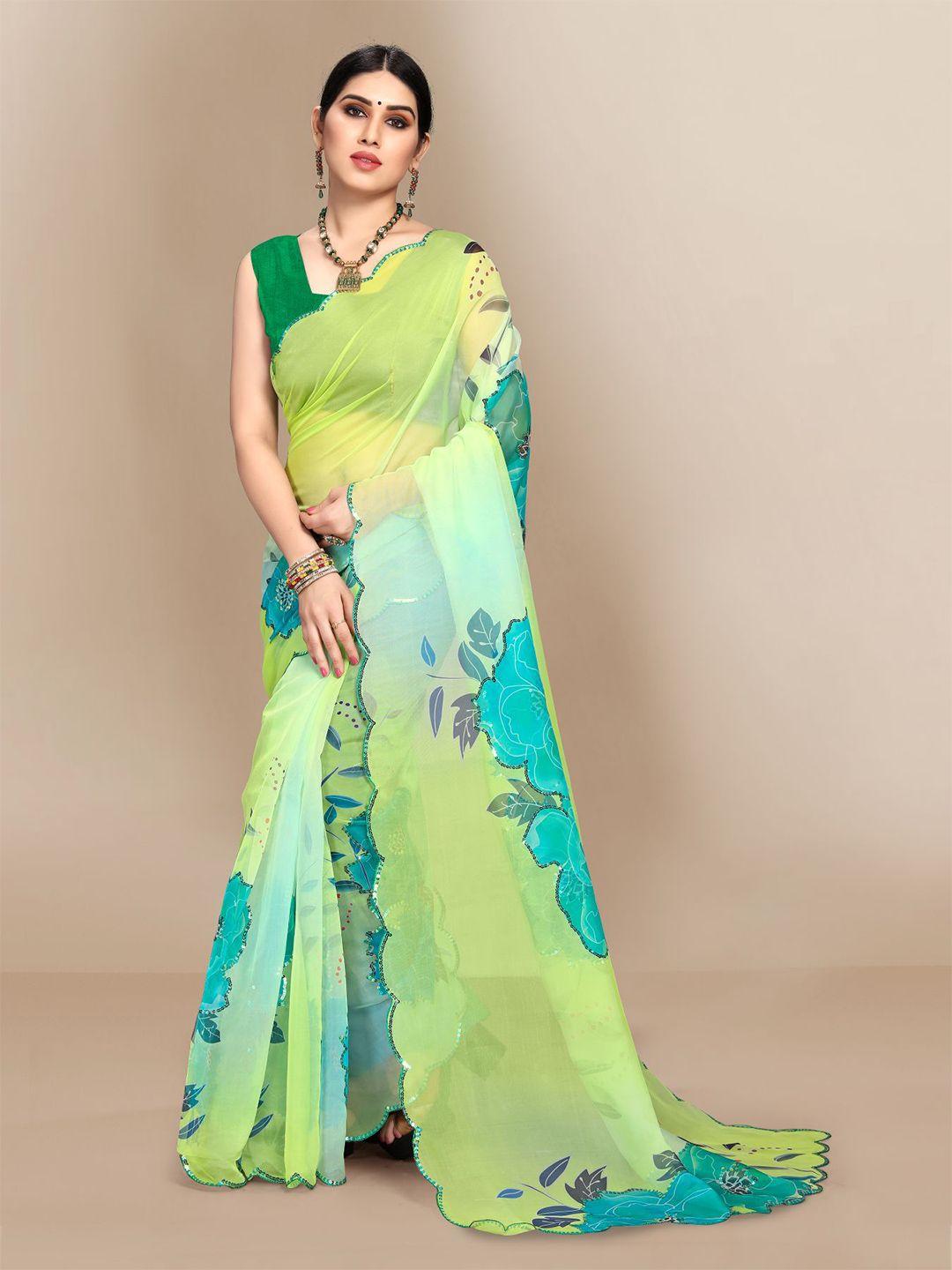 vairagee green & blue floral embroidered organza saree