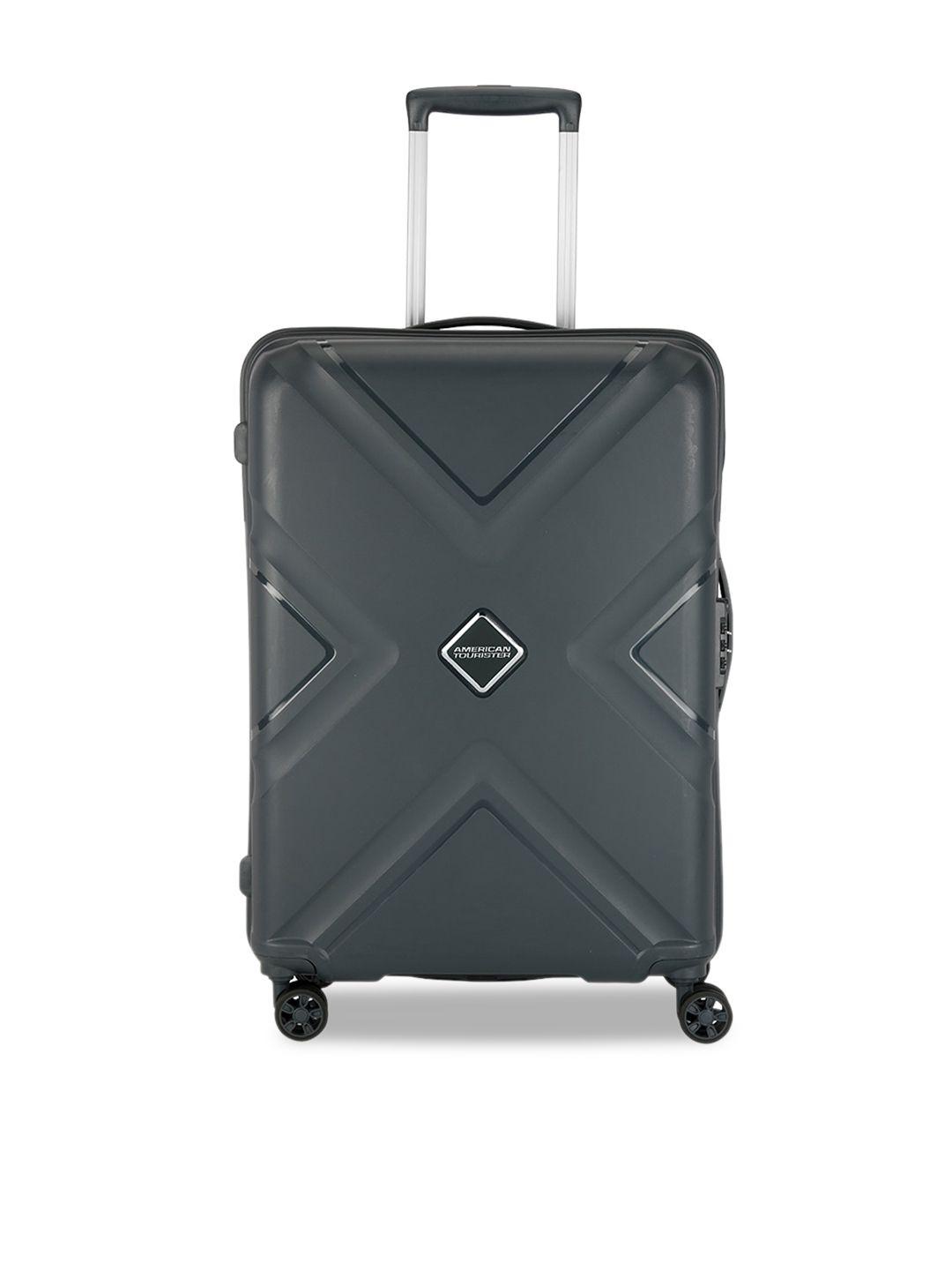 american tourister black textured hard-sided medium trolley suitcase