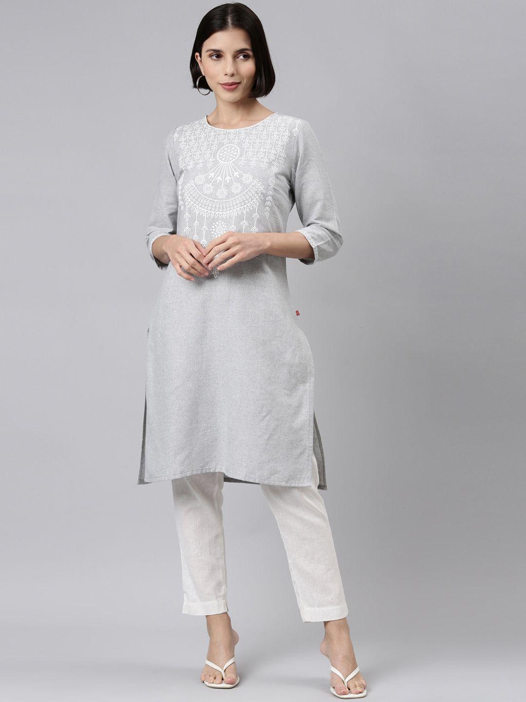 marcia women grey embroidered pure cotton kurti with trousers