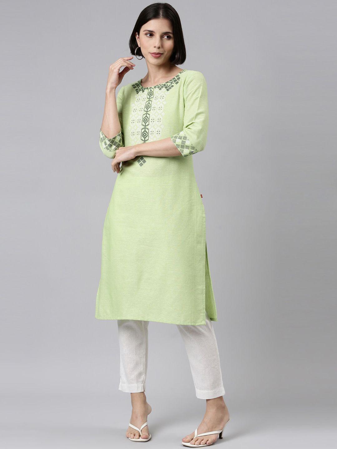 marcia women's green embroidred cotton straight kurta