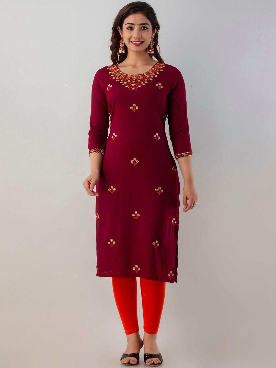 charu women maroon flared sleeves thread work kurta