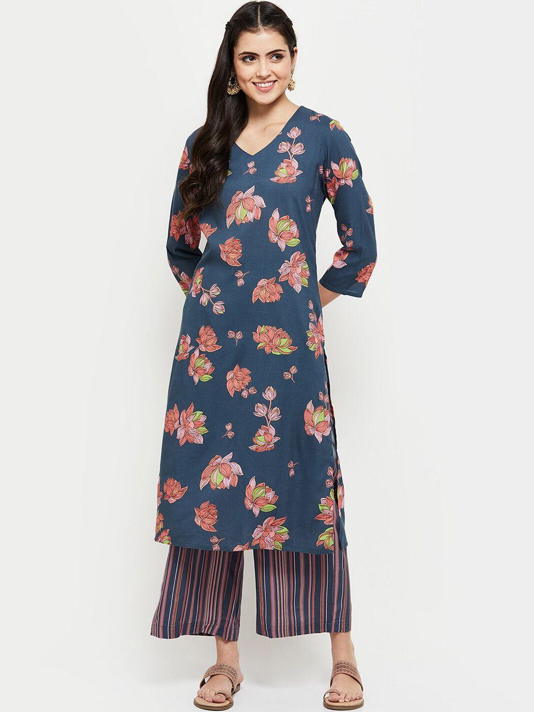 max women blue printed kurta with palazzos