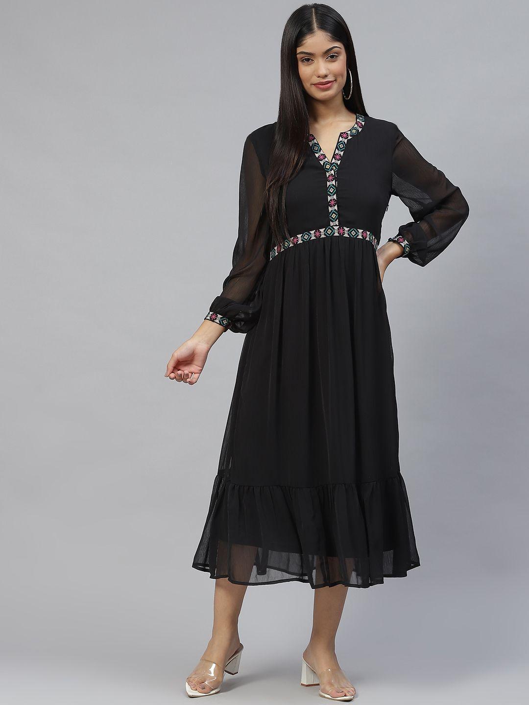 marks & spencer black embroidered yoke design a-line midi dress